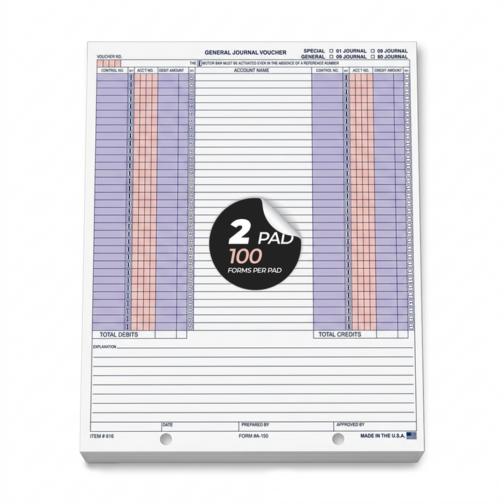 Accounting form pad with a label indicating 2 pads of 100 forms each on a white background.