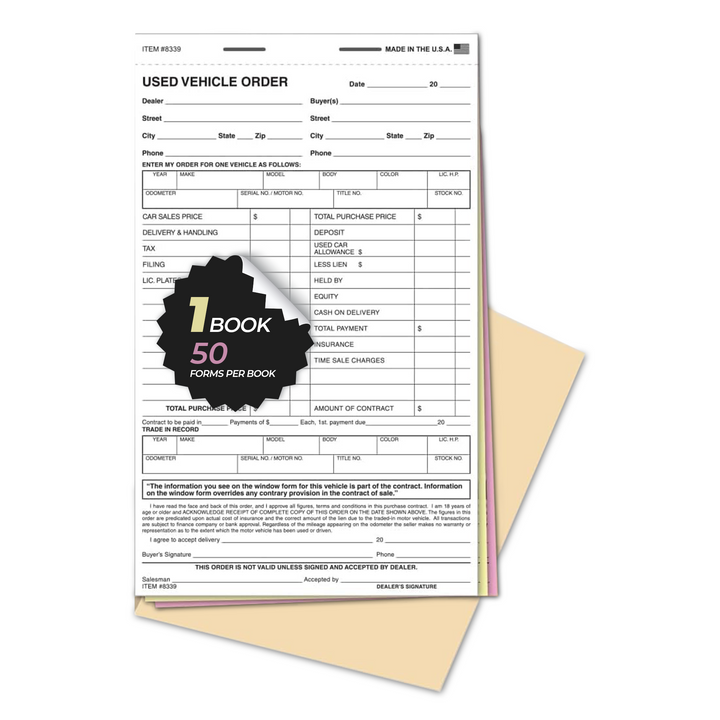 Used Vehicle Order Books - 5.5" x 9" 3-Part Snap-Out Carbonless Forms with Heavy-Duty Wrap-Around Cover - Auto Sales Worksheets & Final Sales Agreements - 50 Forms per Book