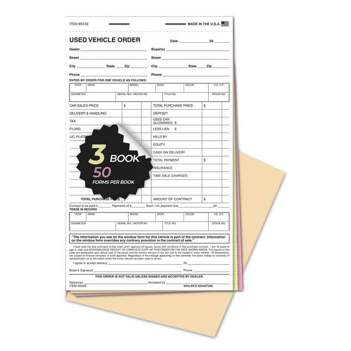 Used Vehicle Order Books - 5.5" x 9" 3-Part Snap-Out Carbonless Forms with Heavy-Duty Wrap-Around Cover - Auto Sales Worksheets & Final Sales Agreements - 50 Forms per Book