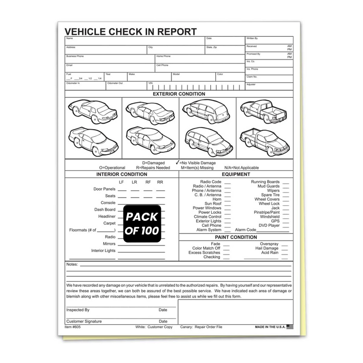 Vehicle Check-In Report Form - 8.5" x 11" 2-Part Carbonless Inspection Sheets - White & Canary Copies for Dealerships, Service Centers, and Fleet Management - Pack of 100