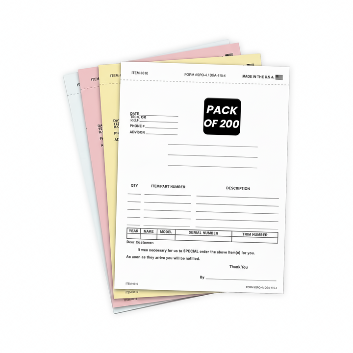 Professional Grade Special Parts Order Forms with Postcard Feature - 4-Part Carbonless Snap-Out Design for Automotive Dealerships - 5-2/3" x 7-1/2" Auto Parts Order Sheets - White, Canary, Pink, Manila Copies - Pack of 100