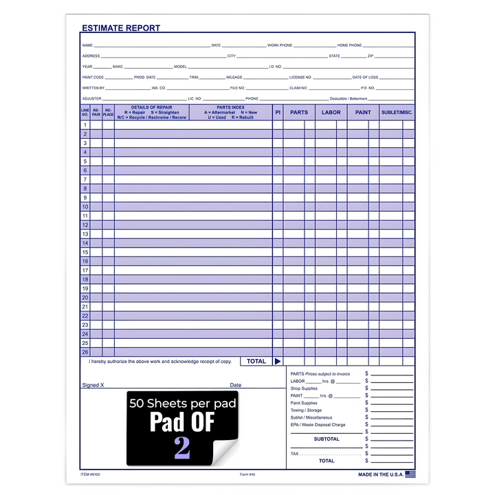 Automotive Repair Estimate Form - 8.5" x 11" 20# White Paper, 50 Sheets per Pad - Large Dealer Name Area - Professional Auto Shop and Dealership Solution