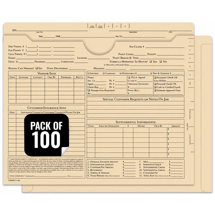 Pre-Printed Body Shop Jackets for Automotive Dealerships – Ultra Heavy Duty 150# Stock Repair Document Covers – Large 11.75" × 9.5" Work Order Holders – Double-Sided Black Ink Printing – Multi-Color Options for Garage & Auto Shop