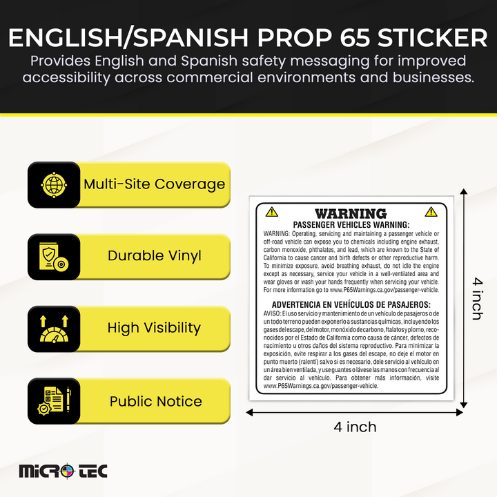 English/Spanish Prop 65 Warning Stickers 4" x 4" - California Proposition 65 Compliance Labels, 3 Mil Durable Vinyl, Internal Window Safety Decals for Businesses, Retail, Vehicles & Offices