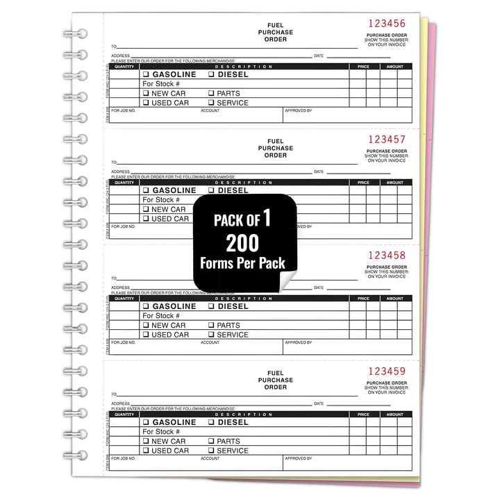 Fuel Purchase Order Book NC-124-3-Fuel – 3-Part Carbonless Duplicate Forms (White, Canary, Pink NCR Paper) – 8.5" x 11" – 200 Forms per Book – Black Ink & Red Numbering