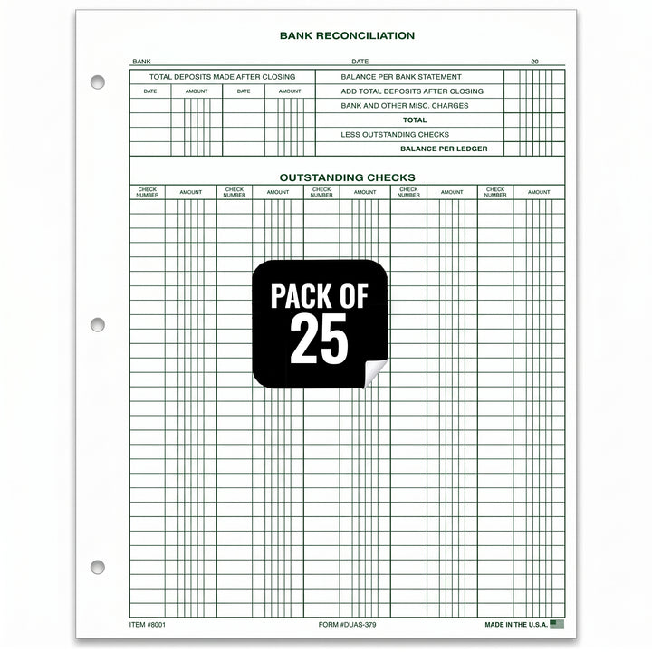 Bank Reconciliation Forms (DUAS-379) – 8-1/2" x 11" Standard Size – 1-Part Durable 28# Green Tint Ledger Paper – Financial Statement Balancing & Accounting Forms for Small Businesses