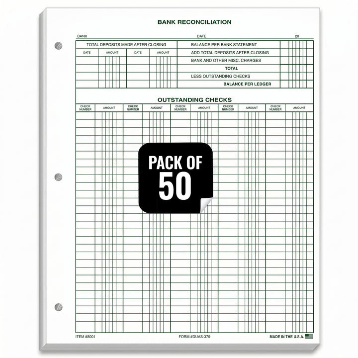 Bank Reconciliation Forms (DUAS-379) – 8-1/2" x 11" Standard Size – 1-Part Durable 28# Green Tint Ledger Paper – Financial Statement Balancing & Accounting Forms for Small Businesses