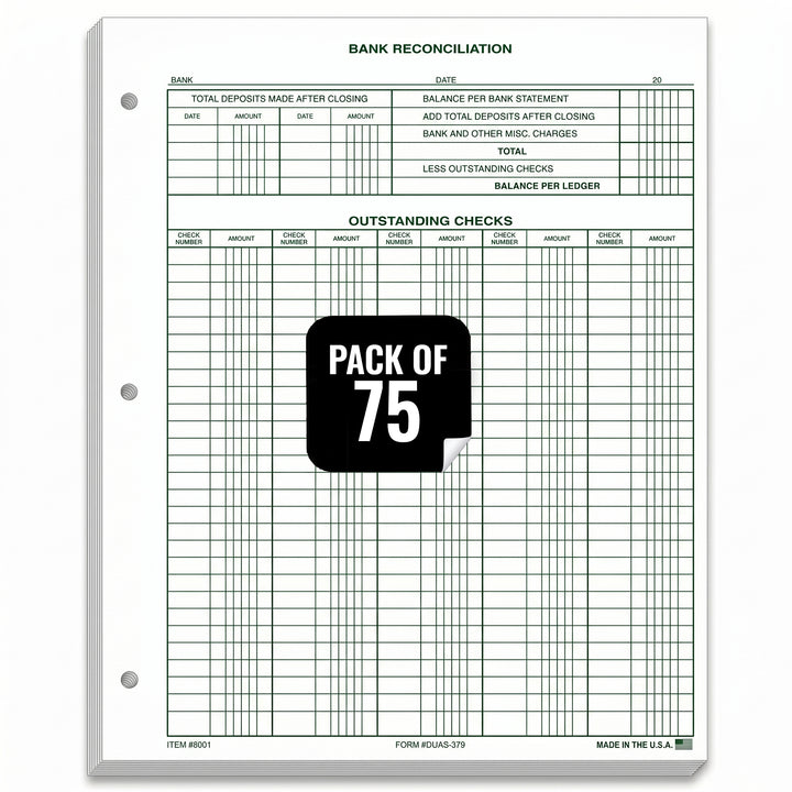 Bank Reconciliation Forms (DUAS-379) – 8-1/2" x 11" Standard Size – 1-Part Durable 28# Green Tint Ledger Paper – Financial Statement Balancing & Accounting Forms for Small Businesses