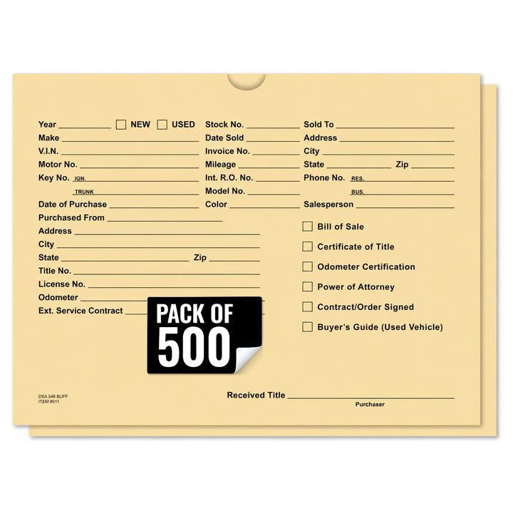 Car Dealer Vehicle Deal Jackets - High-Quality 32# Kraft Paper Jackets for Organizing Cars, Trucks, and Used Vehicles - 12" x 9"