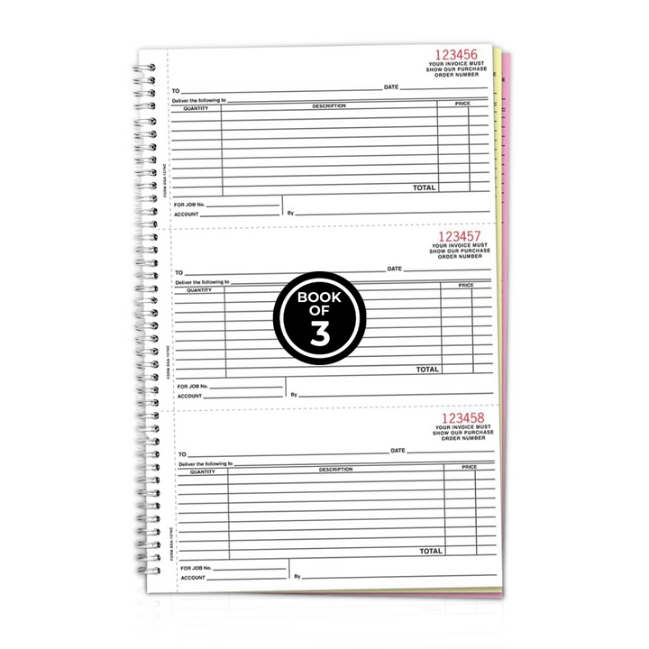 Purchase Order Books (Form DSA-127-NC) – 3-Part Carbonless Duplicate Forms in White, Canary & Pink NCR Paper – 3 Purchase Orders Per Page (3-2/3" × 6-1/2") – Heavy-Duty 7.5" x 11" Coil