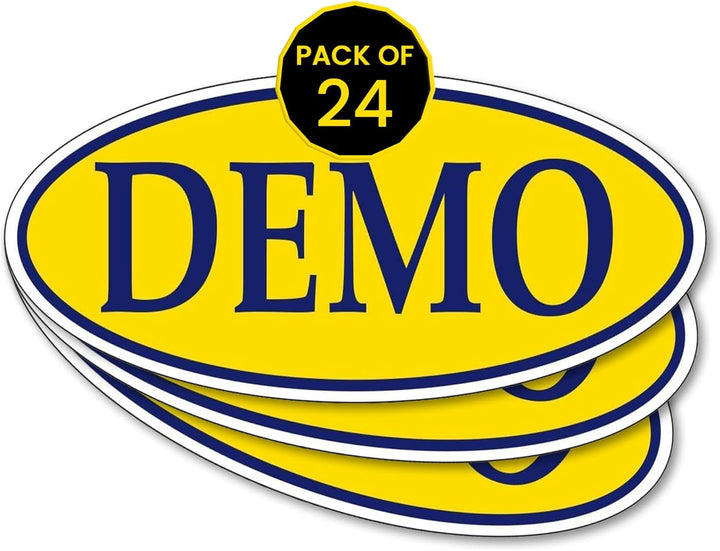 Demo Vehicle Oval Window Sticker - 14" x 5.5" Blue on Yellow Weatherproof Vinyl Decal for Car Dealership, Auto Lot Windshield Sign, Long-Lasting Visibility Inventory Display