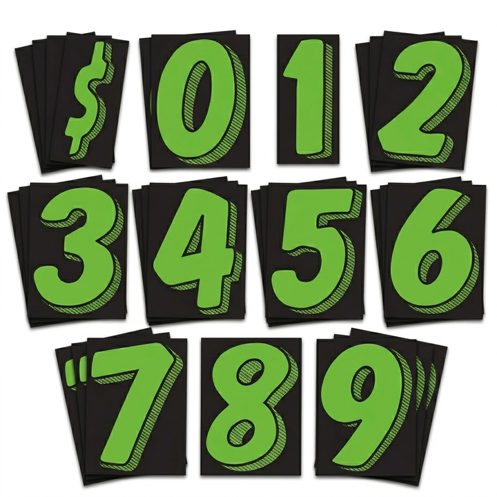 7.5" Vinyl Windshield Number Decals Fluorescent Green on Black – Waterproof Car Lot Pricing Stickers, Auto Dealer Window Number Signs for Vehicle Pricing Display, Used Car Lot Numbers, Auto Auction Decals – 36 Pieces