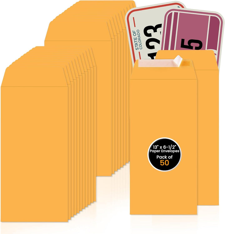 License Plate Mailing Envelopes 13" x 6.5" - Self Seal Peel & Press Paper Envelopes for Standard Auto Plates, DMV & Dealership License Plate Mailers, Fleet Storage & Automotive Document Envelopes