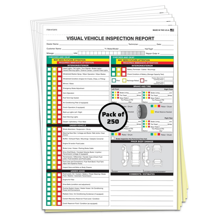 Visual Vehicle Inspection Report 2 Part Carbonless Vehicle Checklist - General Vehicle Checkup Report - 8-1/2"×11" Snap-Out - White, Canary