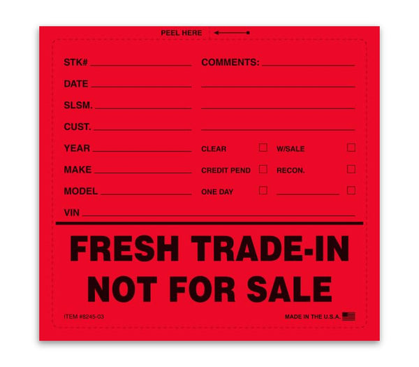 Professional "Fresh Trade-In Not For Sale" Vehicle Stickers - 6-1/2" × 6", Window Installation for Outside Visibility - Clear and Informative Labels for Car Dealership