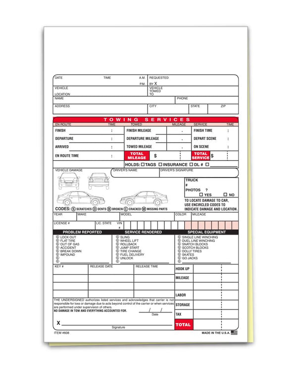 Plain Towing Register Form for Tracking, Recording, Invoicing - 5-1/2" × 8-1/2" Size, 2-Part Carbonless Edge-Glued Design (White and Canary)