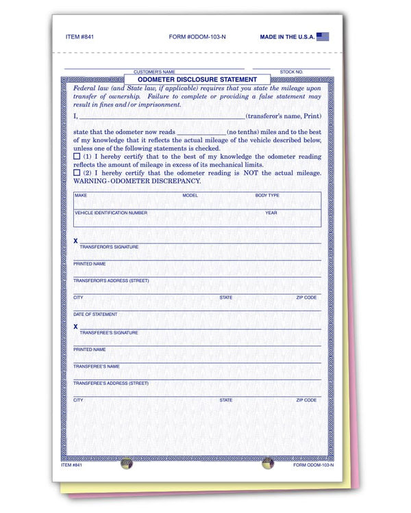 Odometer Disclosure Statements with Blue Screen/No Screen - 5-2/3" × 9-1/8" 3-Part Snap-Out Carbonless Forms with 2 File Holes for Easy Posting - White, Canary, Pink