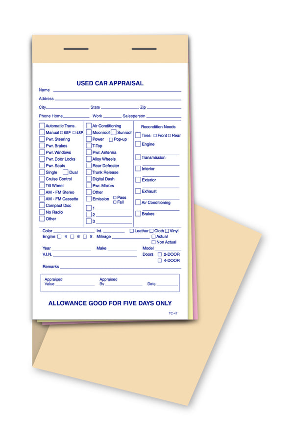 Used Vehicle Appraisal Book (Form TC-47) - 3-Part Snap-Out Forms with Heavy-Duty Wrap-Around Cover - 25 Forms per Book, Size 4.25" x 7.75"