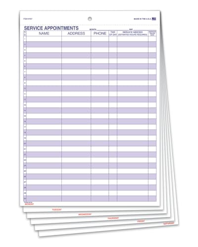 Weekly Route Sheet Service Appointment Form - Large 8-1/2" x 13" Size - 6-Part Snap-Out on High-Quality White Stock - Printed in Blue Ink on Both Sides