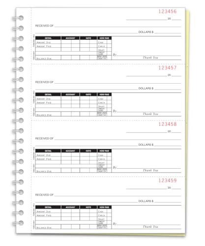 Coil-Bound Cash Receipt Books - 8.5" × 11" Cash Register Journal with Heavy Stock Cover, Carbonless 2-part, 3-part, or 4-part, 3 Internal Perforations - 200 Receipts/Book (4 Receipts/Page)