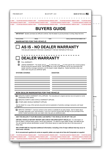 As Is Buyers Guide for Car Dealerships – 2-Part/3-Part, Carbonless, Snap-Out, White/White or White/Canary/White Forms - 7-1/3" × 11-3/4" Window Display Ready with Adhesive Tape