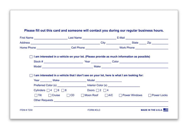 Premium Heavy-Duty Customer Lead Cards - 1-Part, Blue Ink Printed on 8-1/2" × 5-1/2" Heavy Stock Card - Ideal for Detailed Customer Tracking and Engagement