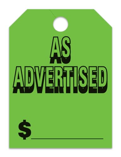 Jumbo "As Advertised" Car Dealer Mirror Hang Tags - Fluorescent Colors Large Size (8-1/2" × 11-1/2") Tags for Auto Dealership Supplies - Durable 11-Point Stock Material