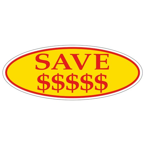 SAVE $$$$$ Red on Yellow Oval Window Sticker for Car Dealerships - 14" x 5-1/2" Size - Premium Weatherproof Vinyl for Long-Lasting Visibility