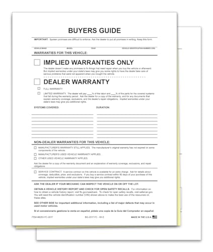 Implied Warranty File Copy Buyers Guide for Car Dealerships - 2-Part Carbonless Forms - White, Canary - No Adhesive or Tape - Perfect for Holder or Filing - 8-1/2" × 11