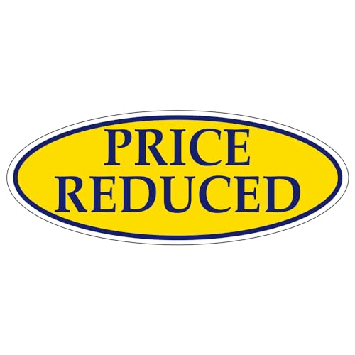 PRICE REDUCED Dark Blue on Yellow Oval Window Sticker for Car Dealerships - 14" x 5-1/2" Size - Premium Weatherproof Vinyl for Long-Lasting Visibility