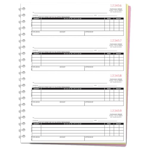 Purchase Order Books (Form NC-124-3) - 3-Part (White, Canary, Pink) Carbonless Paper - 4 Orders/Page (2-3/4" x 7-1/2" Each) - 8.5" x 11" Heavy Duty Coil Bound Books